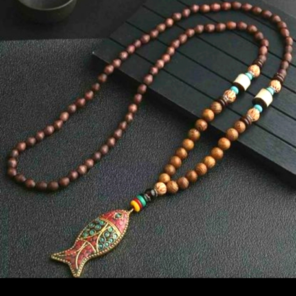 New Beaded brown Wood fish necklace